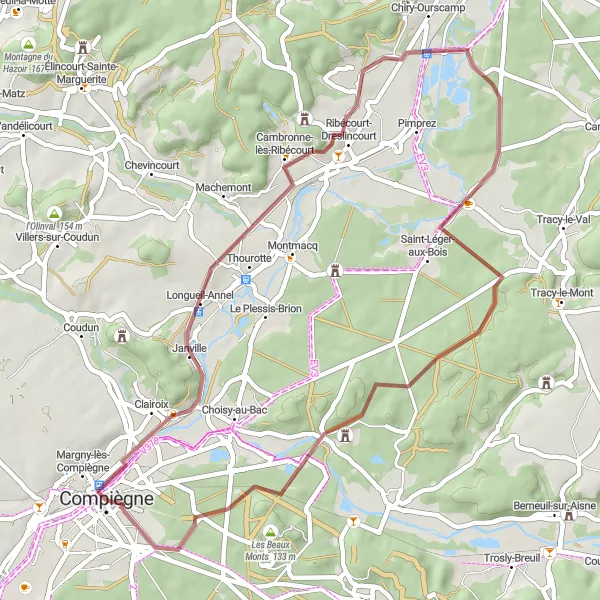 Miniature de la carte de l'inspiration cycliste "Parcours de Gravel à travers Clairoix et Compiègne" dans la Picardie, France. Générée par le planificateur d'itinéraire cycliste Tarmacs.app
