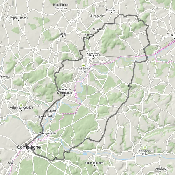 Map miniature of "Clairoix Round Trip" cycling inspiration in Picardie, France. Generated by Tarmacs.app cycling route planner