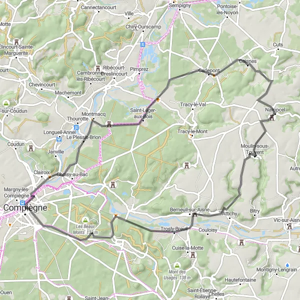 Miniature de la carte de l'inspiration cycliste "Promenade cycliste à travers Montmacq et Trosly-Breuil" dans la Picardie, France. Générée par le planificateur d'itinéraire cycliste Tarmacs.app