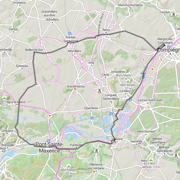 Map miniature of "Jaux and the Tour Jeanne d'Arc" cycling inspiration in Picardie, France. Generated by Tarmacs.app cycling route planner