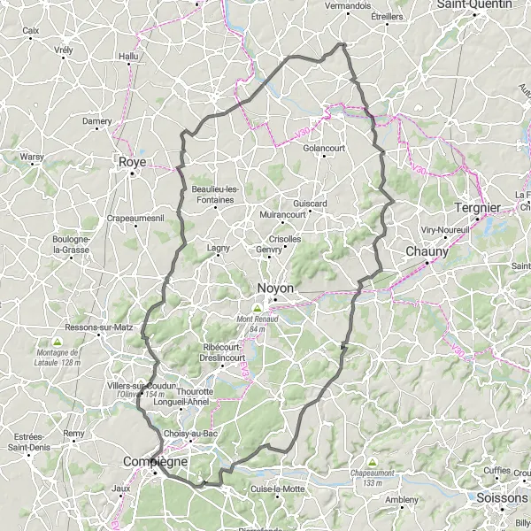 Map miniature of "The Hills and Valleys Loop" cycling inspiration in Picardie, France. Generated by Tarmacs.app cycling route planner