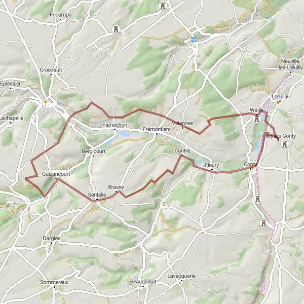 Map miniature of "The Hilly Gravel Ride" cycling inspiration in Picardie, France. Generated by Tarmacs.app cycling route planner