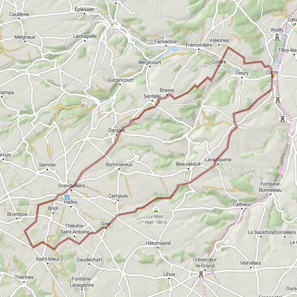 Map miniature of "The Countryside Gravel Tour" cycling inspiration in Picardie, France. Generated by Tarmacs.app cycling route planner