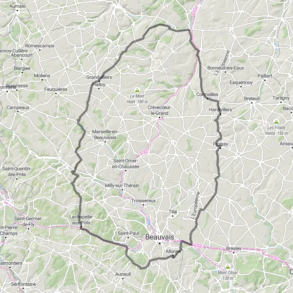 Miniature de la carte de l'inspiration cycliste "Boucle de Conty à travers la campagne picarde" dans la Picardie, France. Générée par le planificateur d'itinéraire cycliste Tarmacs.app