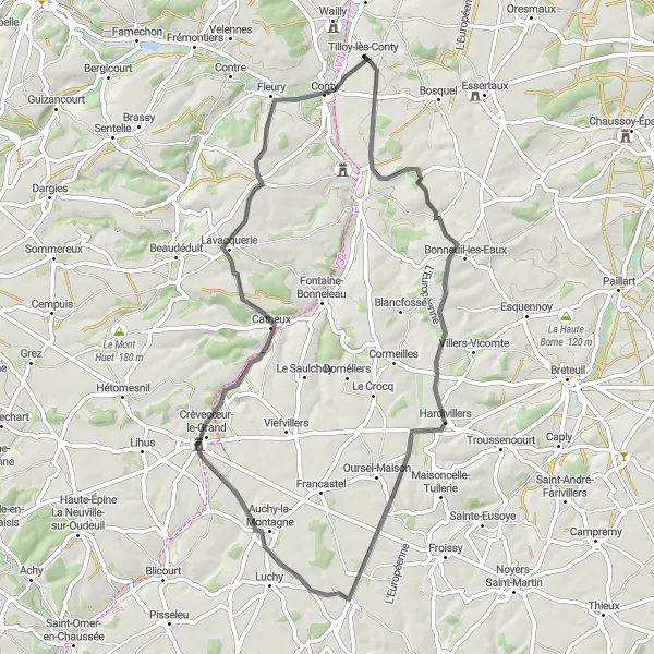 Miniature de la carte de l'inspiration cycliste "Parcours pittoresque de Conty à Gouy-les-Groseillers" dans la Picardie, France. Générée par le planificateur d'itinéraire cycliste Tarmacs.app