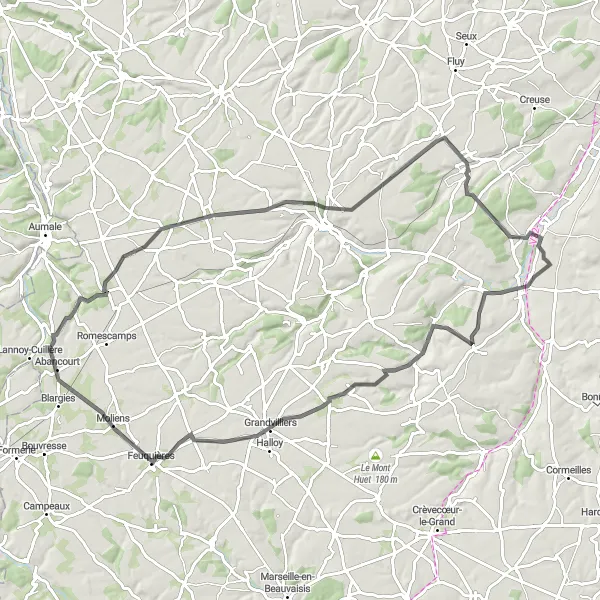 Miniature de la carte de l'inspiration cycliste "Boucle Conty-Thoix-Gourchelles" dans la Picardie, France. Générée par le planificateur d'itinéraire cycliste Tarmacs.app