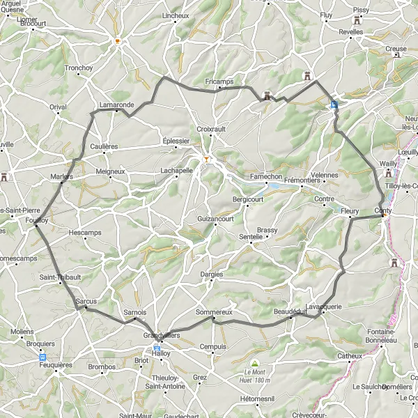 Map miniature of "Sommereux Circular Road Ride" cycling inspiration in Picardie, France. Generated by Tarmacs.app cycling route planner