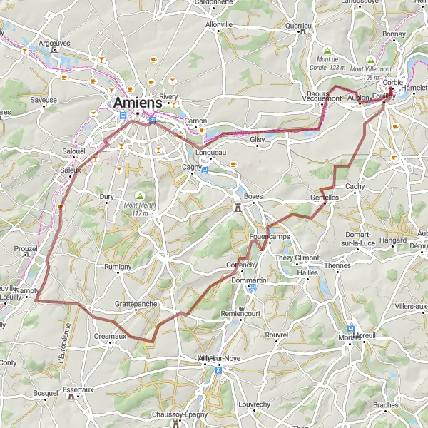 Miniature de la carte de l'inspiration cycliste "Boucle des Vallées" dans la Picardie, France. Générée par le planificateur d'itinéraire cycliste Tarmacs.app