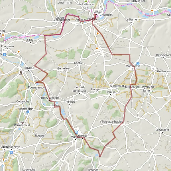 Map miniature of "Discover Corbie and Villers-aux-Érables by Gravel" cycling inspiration in Picardie, France. Generated by Tarmacs.app cycling route planner