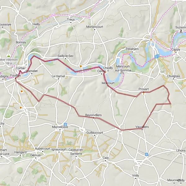 Miniature de la carte de l'inspiration cycliste "Boucle gravel autour de Corbie" dans la Picardie, France. Générée par le planificateur d'itinéraire cycliste Tarmacs.app
