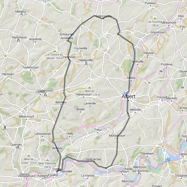 Miniature de la carte de l'inspiration cycliste "Tour Historique de la Grande Guerre" dans la Picardie, France. Générée par le planificateur d'itinéraire cycliste Tarmacs.app