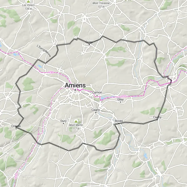 Map miniature of "Amiénois Adventure Route" cycling inspiration in Picardie, France. Generated by Tarmacs.app cycling route planner