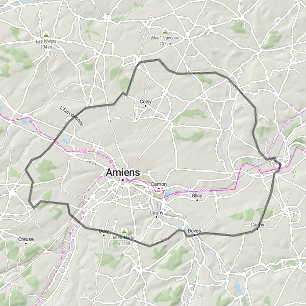 Miniature de la carte de l'inspiration cycliste "Circuit autour de Corbie" dans la Picardie, France. Générée par le planificateur d'itinéraire cycliste Tarmacs.app