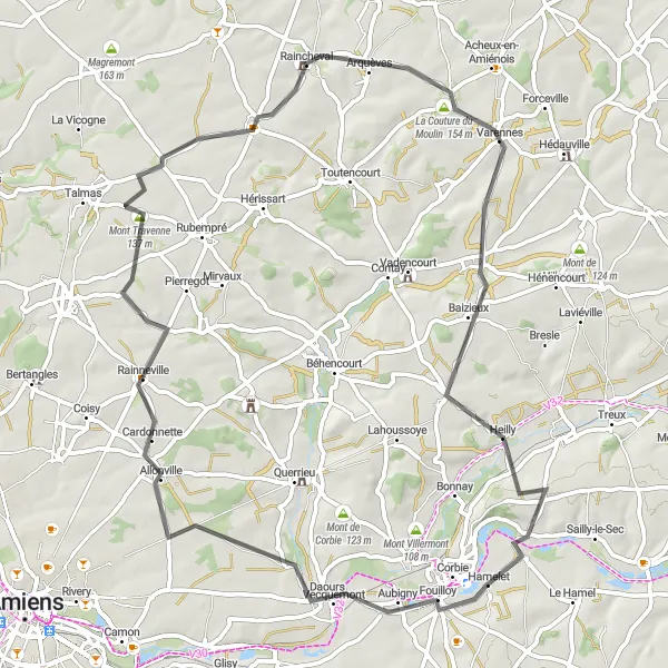 Miniature de la carte de l'inspiration cycliste "Parcours route au départ de Corbie" dans la Picardie, France. Générée par le planificateur d'itinéraire cycliste Tarmacs.app