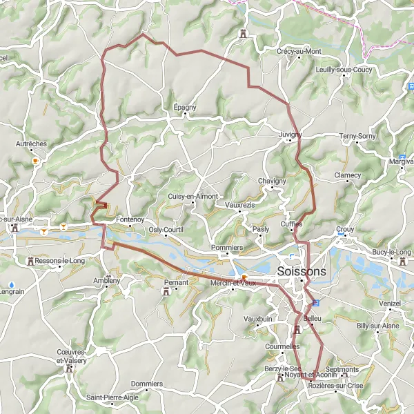 Map miniature of "Adventure through Noyant-et-Aconin" cycling inspiration in Picardie, France. Generated by Tarmacs.app cycling route planner