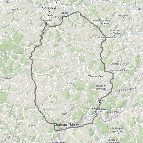 Map miniature of "Challenging Tour through Berzy-le-Sec" cycling inspiration in Picardie, France. Generated by Tarmacs.app cycling route planner