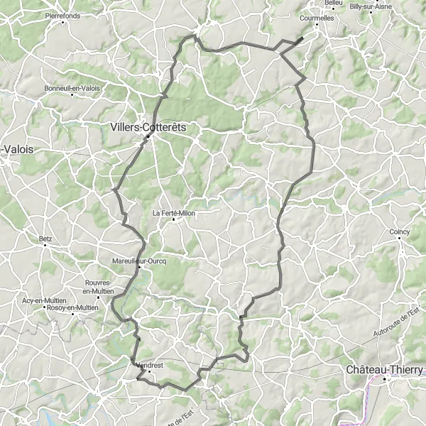 Map miniature of "The Hill Country Tour" cycling inspiration in Picardie, France. Generated by Tarmacs.app cycling route planner