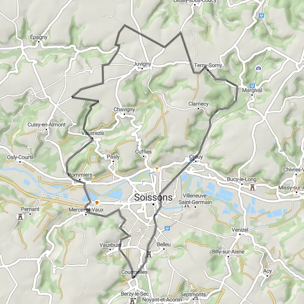 Map miniature of "Scenic Circuit near Vauxrezis" cycling inspiration in Picardie, France. Generated by Tarmacs.app cycling route planner