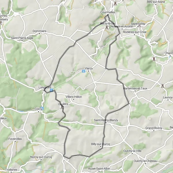 Miniature de la carte de l'inspiration cycliste "Escapade à Parcy-et-Tigny et ses environs" dans la Picardie, France. Générée par le planificateur d'itinéraire cycliste Tarmacs.app