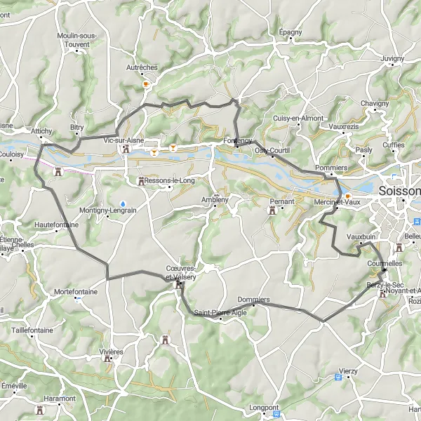 Miniature de la carte de l'inspiration cycliste "Itinéraire culturel à Cœuvres-et-Valsery" dans la Picardie, France. Générée par le planificateur d'itinéraire cycliste Tarmacs.app
