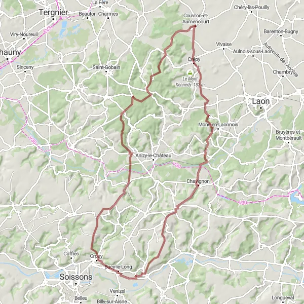 Miniature de la carte de l'inspiration cycliste "Les Collines d'Aumencourt" dans la Picardie, France. Générée par le planificateur d'itinéraire cycliste Tarmacs.app