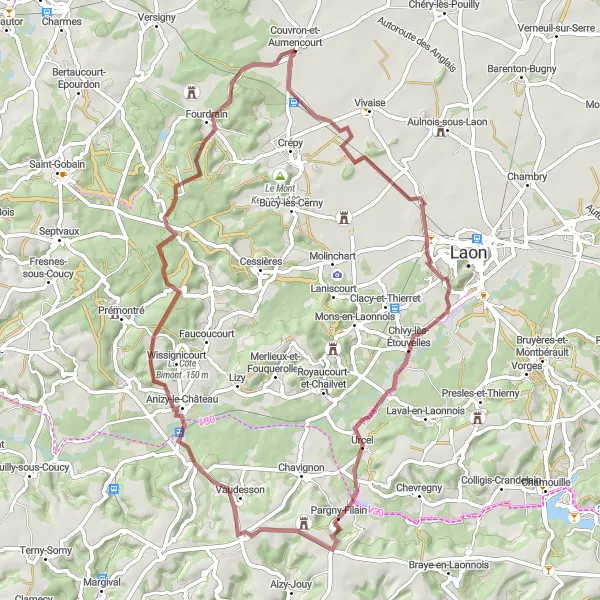 Miniature de la carte de l'inspiration cycliste "Boucle de Couvron-et-Aumencourt" dans la Picardie, France. Générée par le planificateur d'itinéraire cycliste Tarmacs.app