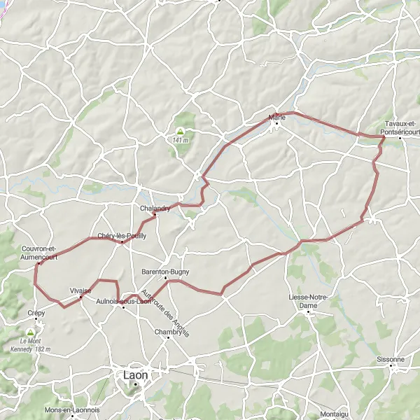 Map miniature of "Challenging Gravel Tour near Couvron-et-Aumencourt" cycling inspiration in Picardie, France. Generated by Tarmacs.app cycling route planner