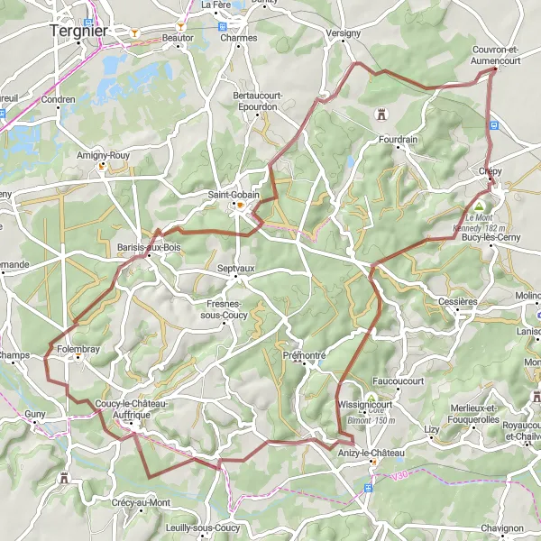 Miniature de la carte de l'inspiration cycliste "La boucle du Mont Kennedy" dans la Picardie, France. Générée par le planificateur d'itinéraire cycliste Tarmacs.app
