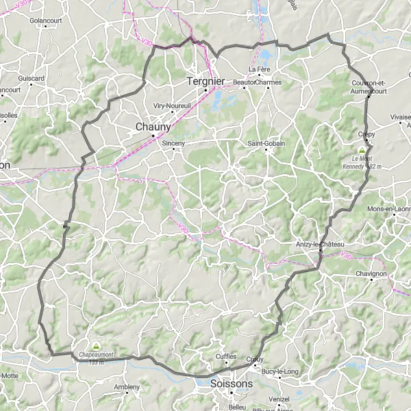 Map miniature of "Epic Road Journey near Couvron-et-Aumencourt" cycling inspiration in Picardie, France. Generated by Tarmacs.app cycling route planner