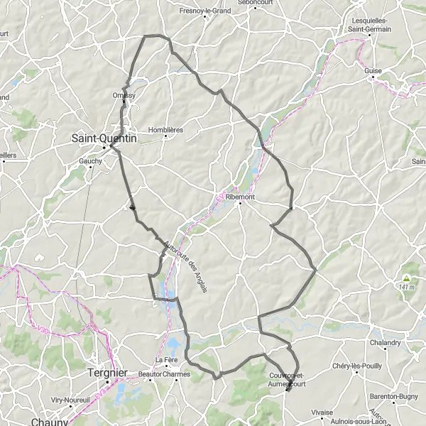 Miniature de la carte de l'inspiration cycliste "Tour des Villages Picards" dans la Picardie, France. Générée par le planificateur d'itinéraire cycliste Tarmacs.app