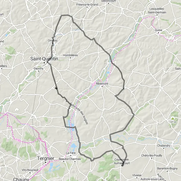 Map miniature of "Scenic Road Tour around Couvron-et-Aumencourt" cycling inspiration in Picardie, France. Generated by Tarmacs.app cycling route planner