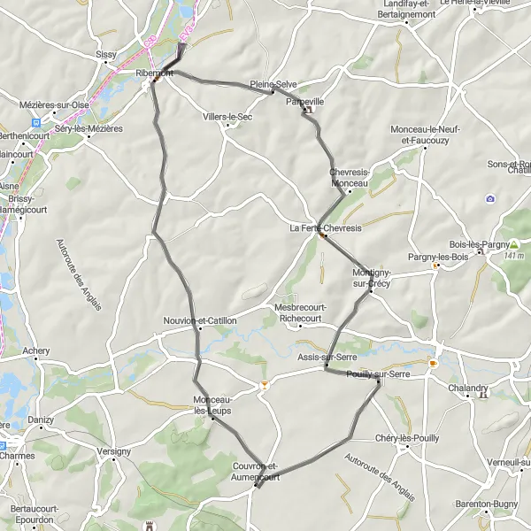 Miniature de la carte de l'inspiration cycliste "Escapade en Picardie" dans la Picardie, France. Générée par le planificateur d'itinéraire cycliste Tarmacs.app