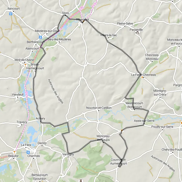 Map miniature of "Picardie Round" cycling inspiration in Picardie, France. Generated by Tarmacs.app cycling route planner