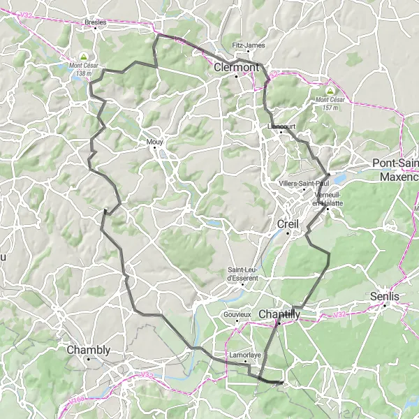 Map miniature of "Chantilly and the Oise Valley" cycling inspiration in Picardie, France. Generated by Tarmacs.app cycling route planner
