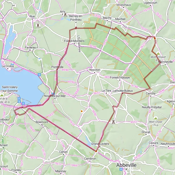 Miniature de la carte de l'inspiration cycliste "Boucle Gravel autour de Crécy-en-Ponthieu" dans la Picardie, France. Générée par le planificateur d'itinéraire cycliste Tarmacs.app