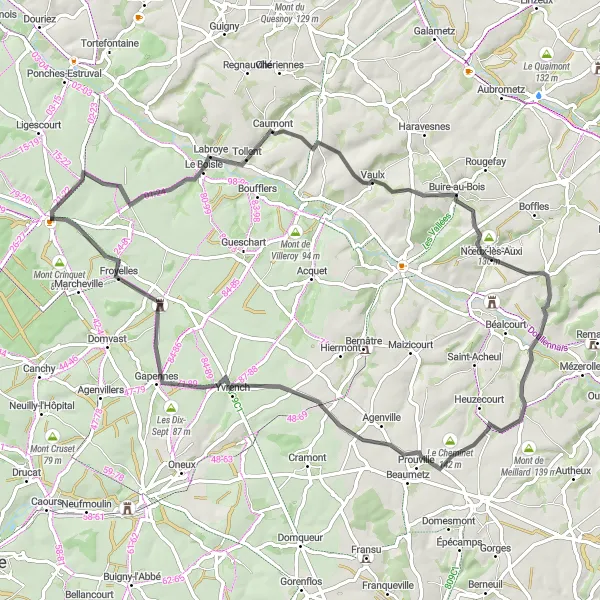 Miniature de la carte de l'inspiration cycliste "Parcours Route à travers les collines" dans la Picardie, France. Générée par le planificateur d'itinéraire cycliste Tarmacs.app