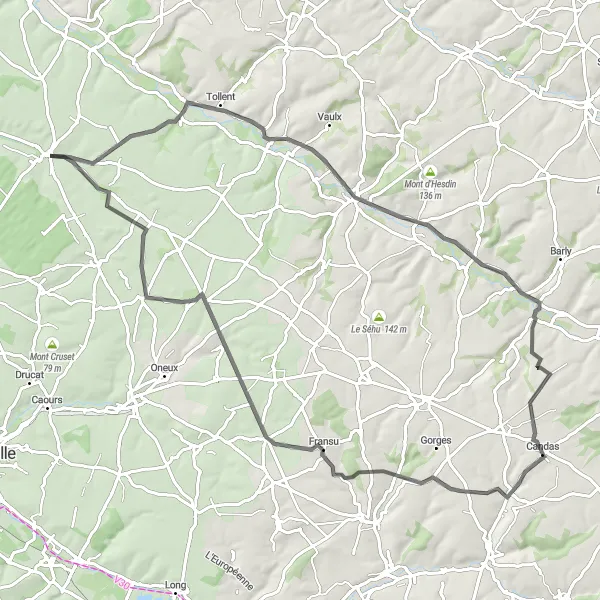 Map miniature of "Road Cycling Tour to Yvrencheux" cycling inspiration in Picardie, France. Generated by Tarmacs.app cycling route planner