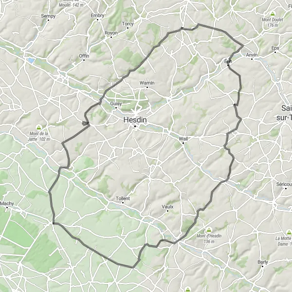 Map miniature of "Crécy-en-Ponthieu to Fontaine-sur-Maye Loop" cycling inspiration in Picardie, France. Generated by Tarmacs.app cycling route planner