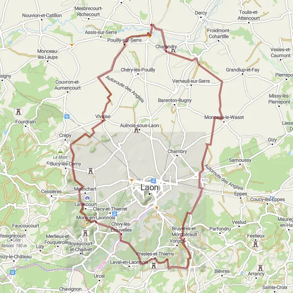 Miniature de la carte de l'inspiration cycliste "Les Chemins du Laonnois" dans la Picardie, France. Générée par le planificateur d'itinéraire cycliste Tarmacs.app