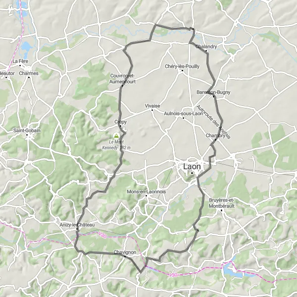 Miniature de la carte de l'inspiration cycliste "La boucle de la vallée de l'Oise" dans la Picardie, France. Générée par le planificateur d'itinéraire cycliste Tarmacs.app