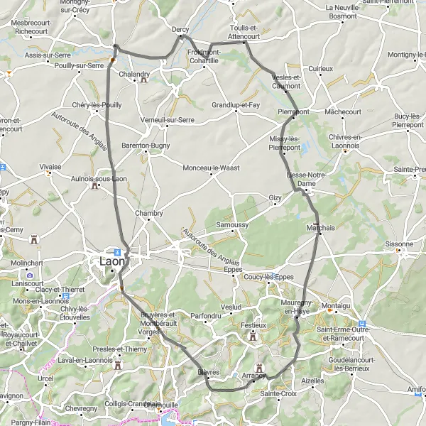 Map miniature of "Exploring Mauregny-en-Haye and Chéry-lès-Pouilly" cycling inspiration in Picardie, France. Generated by Tarmacs.app cycling route planner