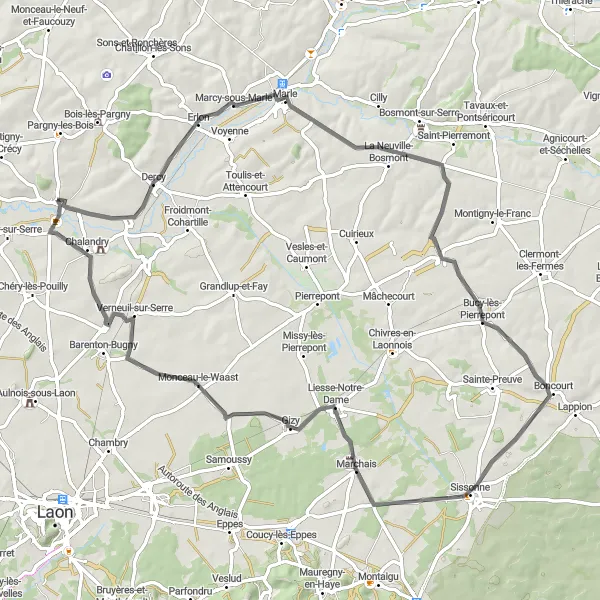 Map miniature of "The Marcy-sous-Marle Loop" cycling inspiration in Picardie, France. Generated by Tarmacs.app cycling route planner