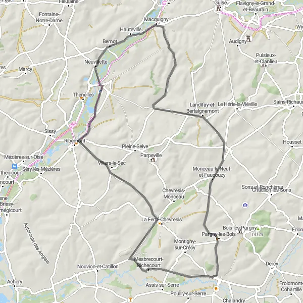 Miniature de la carte de l'inspiration cycliste "La Boucle des Villages de l'Aisne" dans la Picardie, France. Générée par le planificateur d'itinéraire cycliste Tarmacs.app