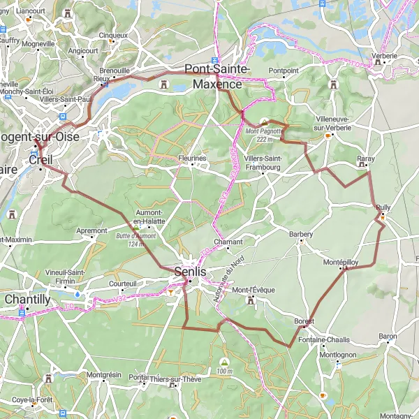 Miniature de la carte de l'inspiration cycliste "Exploration des environs de Creil" dans la Picardie, France. Générée par le planificateur d'itinéraire cycliste Tarmacs.app