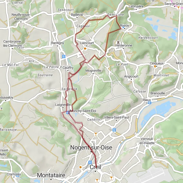 Miniature de la carte de l'inspiration cycliste "Boucle autour de Creil" dans la Picardie, France. Générée par le planificateur d'itinéraire cycliste Tarmacs.app