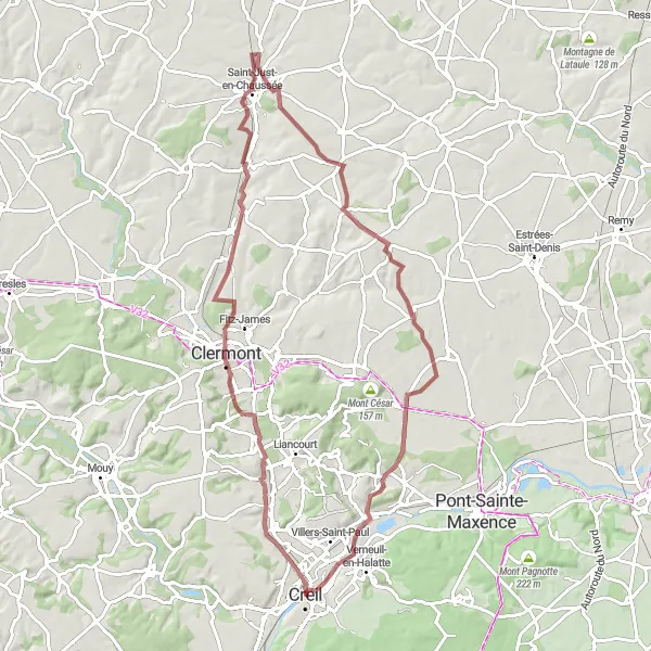 Miniature de la carte de l'inspiration cycliste "Exploration gravier autour de Clermont et Cinqueux" dans la Picardie, France. Générée par le planificateur d'itinéraire cycliste Tarmacs.app