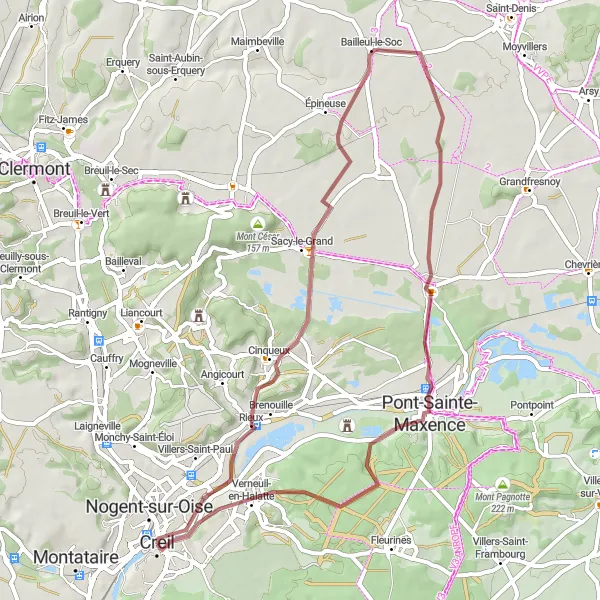 Map miniature of "Cinqueux to Verneuil-en-Halatte Gravel Route" cycling inspiration in Picardie, France. Generated by Tarmacs.app cycling route planner