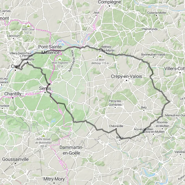 Map miniature of "Pont-Sainte-Maxence to Verneuil-en-Halatte Road Route" cycling inspiration in Picardie, France. Generated by Tarmacs.app cycling route planner