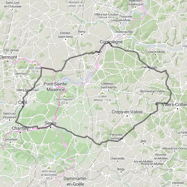 Miniature de la carte de l'inspiration cycliste "De Creil à Senlis à travers les collines de Picardie" dans la Picardie, France. Générée par le planificateur d'itinéraire cycliste Tarmacs.app