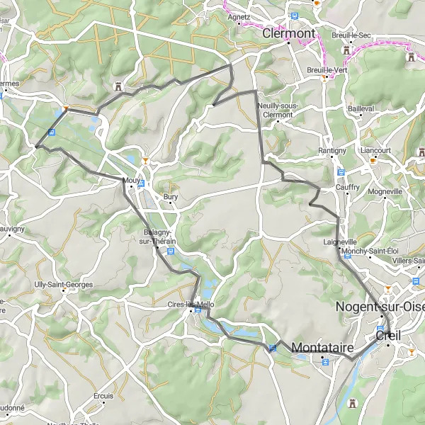 Miniature de la carte de l'inspiration cycliste "Boucle à vélo de Creil à Laigneville et retour" dans la Picardie, France. Générée par le planificateur d'itinéraire cycliste Tarmacs.app